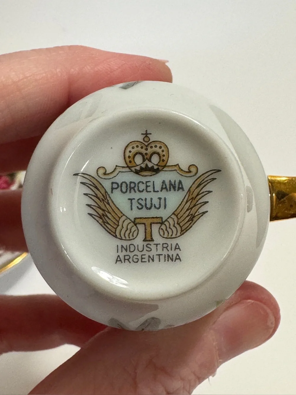 Vintage Porcelana Tsuji Argentina Rose Demitasse Cup & Saucer Gold Trim